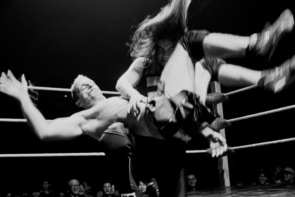 Wrestling moment in black and white