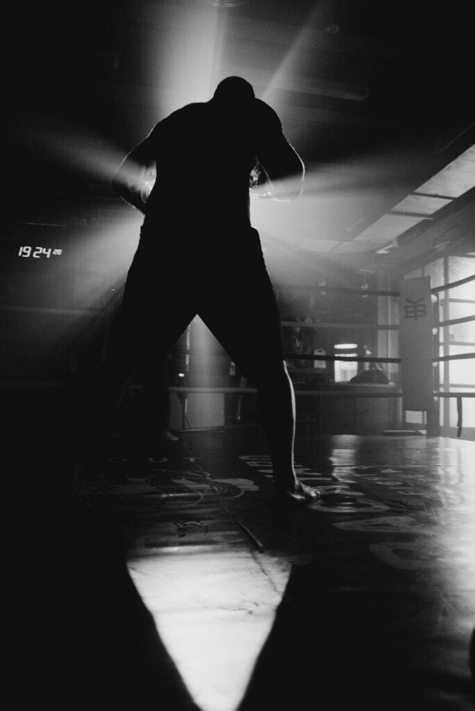 Fighter silhouette with dramatic light rays