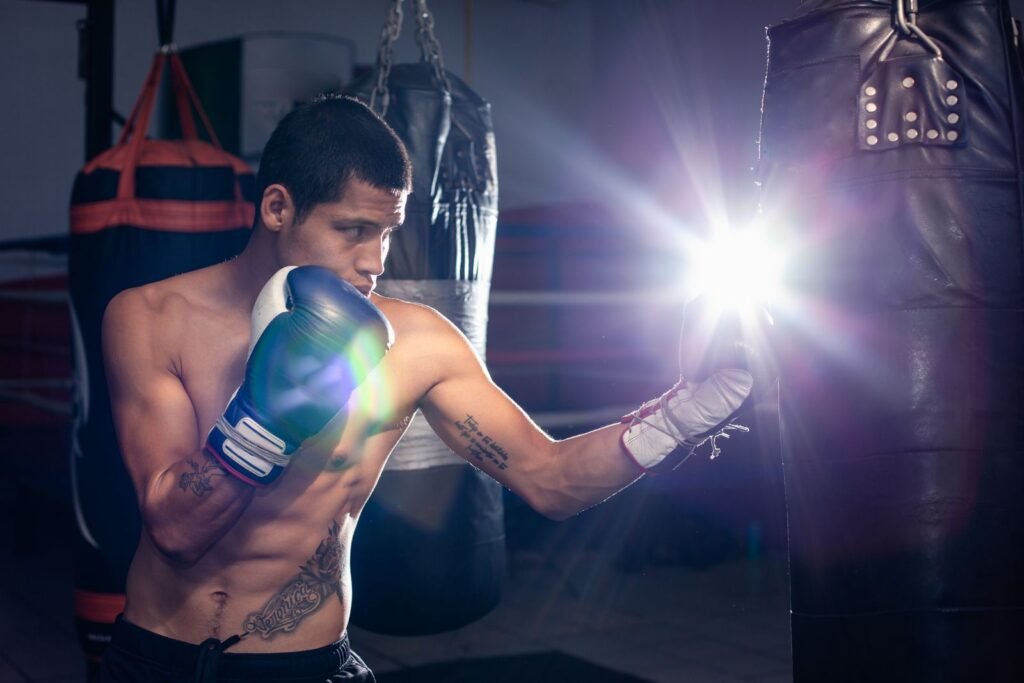 Fighter training under a spotlight